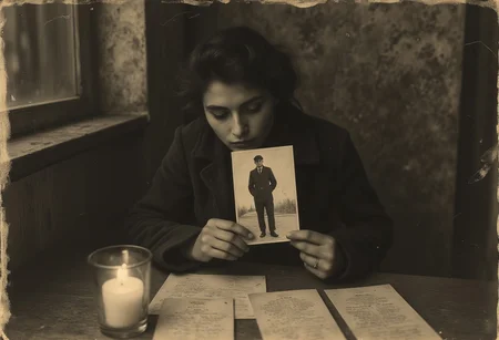 35mm B&W vintage street photo of a woman longingly looking at a photo of a man in a military outfit, written love letters scattered on a table, candlelight, home interior, 1920s, vintage, romantic, war era, sepia tone, old photograph, high quality, detailed, realistic