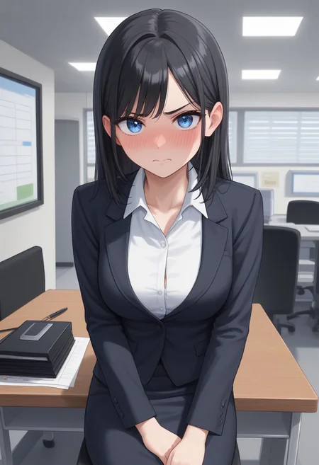 1girl, office worker, long black hair, offended, blue eyes, embarrassed look, sit on office desk, office background, look on viewer