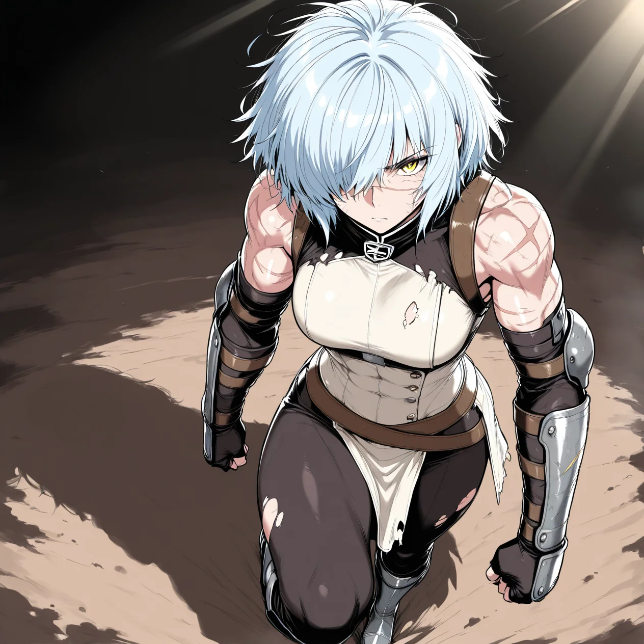(masterpiece, best quality, ultra-detailed:1.4),
solo,1girl, (light blue hair:1.3), short messy hair, bangs,
(yellow eyes:1.5), (intense and fierce gaze:1.4), (battle-worn expression:1.3), (scar over one eye:1.5), (intimidating aura:1.3),
(hair covering one eye:1.5), (bangs covering left eye:1.4), (left eye obscured by hair:1.4), (hair over eye:1.3),
(battle-hardened:1.4), (war veteran:1.3), (many scars:1.3), (visible wounds:1.2), (weathered face:1.2), (dirt and grime:1.2),
(toned arms:0.6), (muscle tension visible:0.3), (slim but athletic build:1.1), (strong female warrior:1.1),
(full body:1.3)ม
(dynamic lighting:1.3), (gritty, rough textures:1.2), light armor, medieval cloth,
looking at viewer, (hair slightly messy:1.2),
fullbody, (torn and worn-out fighter outfit:1.2),
<lora:VioletV2:1>