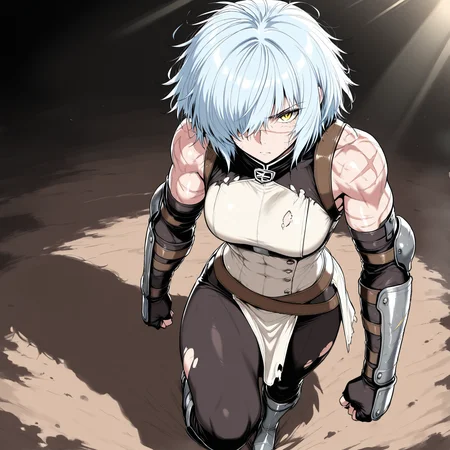 (masterpiece, best quality, ultra-detailed:1.4),
solo,1girl, (light blue hair:1.3), short messy hair, bangs,
(yellow eyes:1.5), (intense and fierce gaze:1.4), (battle-worn expression:1.3), (scar over one eye:1.5), (intimidating aura:1.3),
(hair covering one eye:1.5), (bangs covering left eye:1.4), (left eye obscured by hair:1.4), (hair over eye:1.3),
(battle-hardened:1.4), (war veteran:1.3), (many scars:1.3), (visible wounds:1.2), (weathered face:1.2), (dirt and grime:1.2),
(toned arms:0.6), (muscle tension visible:0.3), (slim but athletic build:1.1), (strong female warrior:1.1),
(full body:1.3)ม
(dynamic lighting:1.3), (gritty, rough textures:1.2), light armor, medieval cloth,
looking at viewer, (hair slightly messy:1.2),
fullbody, (torn and worn-out fighter outfit:1.2),
<lora:VioletV2:1>