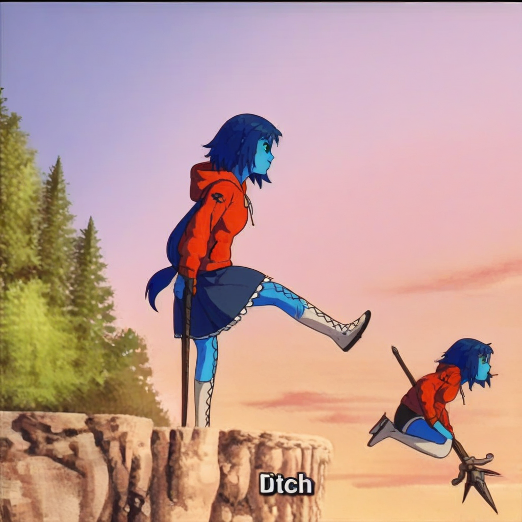 Kick, On top of a hill, Hill, Push, solo, blue hair, colored skin, blue skin, blue eyes, colored sclera, blue sclera, red hoodie, medium hair,