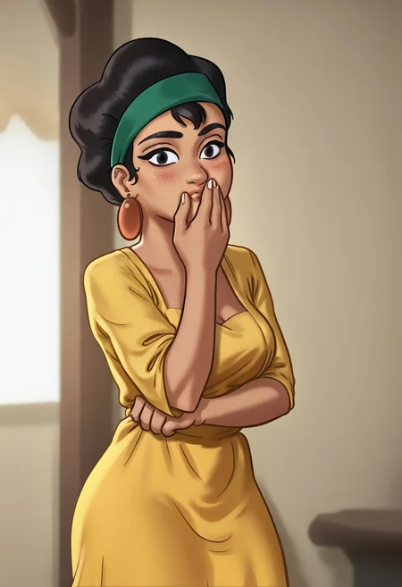 covering mouth, blushing, leaning against, swfaw, side view, Chicha, black hair, high hair, one tuft sticks on her forehead, green headband, large round copper earrings,olive skin,black eyes, yellow dress, Drawn in the style of Summertime Saga