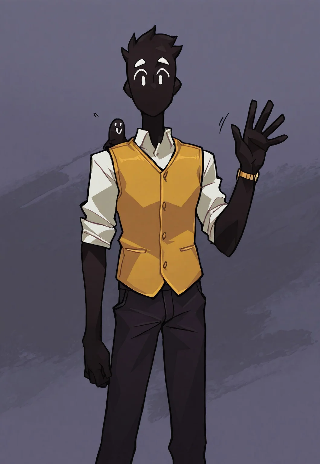 , safe_pos, solo, masterpiece, detailed, uwa, huge filesize, ultra hd, best quality, male focus, (absurdres, highres),
1boy, Oz_Mp, black skin, yellow vest, white undershirt, black pants, watch, waving at viewer