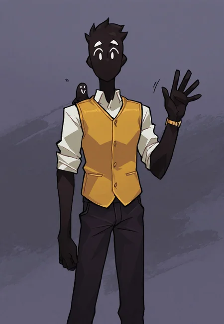, safe_pos, solo, masterpiece, detailed, uwa, huge filesize, ultra hd, best quality, male focus, (absurdres, highres),
1boy, Oz_Mp, black skin, yellow vest, white undershirt, black pants, watch, waving at viewer