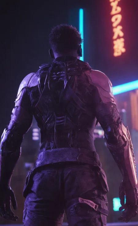 professional 3d model <lora:cwhyberponk:1>,cwhyberponk,r0k@p@nk,standing,male focus,outdoors,from behind,building,scenery,science fiction,city,silhouette,cyberpunk,neon lights, . octane render, highly detailed, volumetric, dramatic lighting