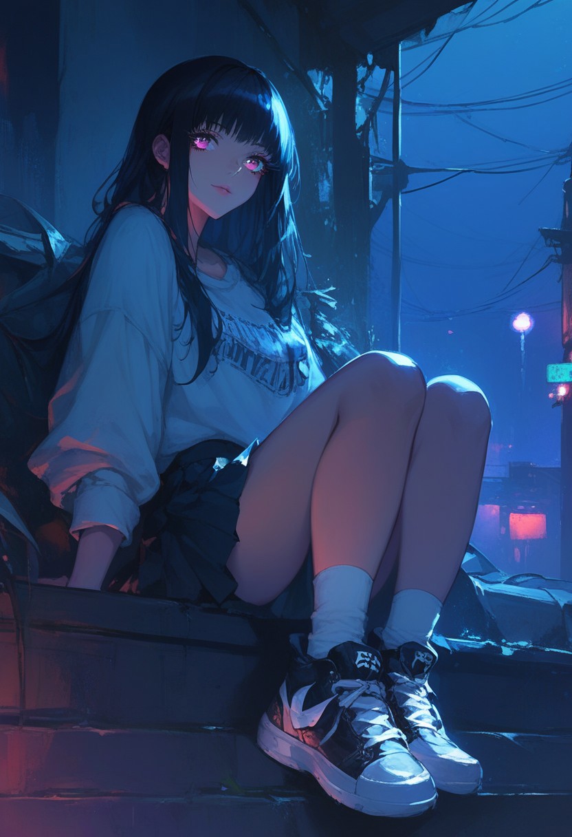 score_9, score_8_up, score_7_up, score_6_up,score_5_up, score_4_up, 
long black hair, 1girl, solo, sitting, night, darkness, dim lighting, darkness, dark hues, skirt, shirt, socks, miniskirt, Seating, long hair, cute, kawaii, solo, semi-realism, sneakers, long eyelashes, bangs, sideways sitting, beautiful face, detailed eyes, illustration, hot woman, solo focus, sinister smirk,