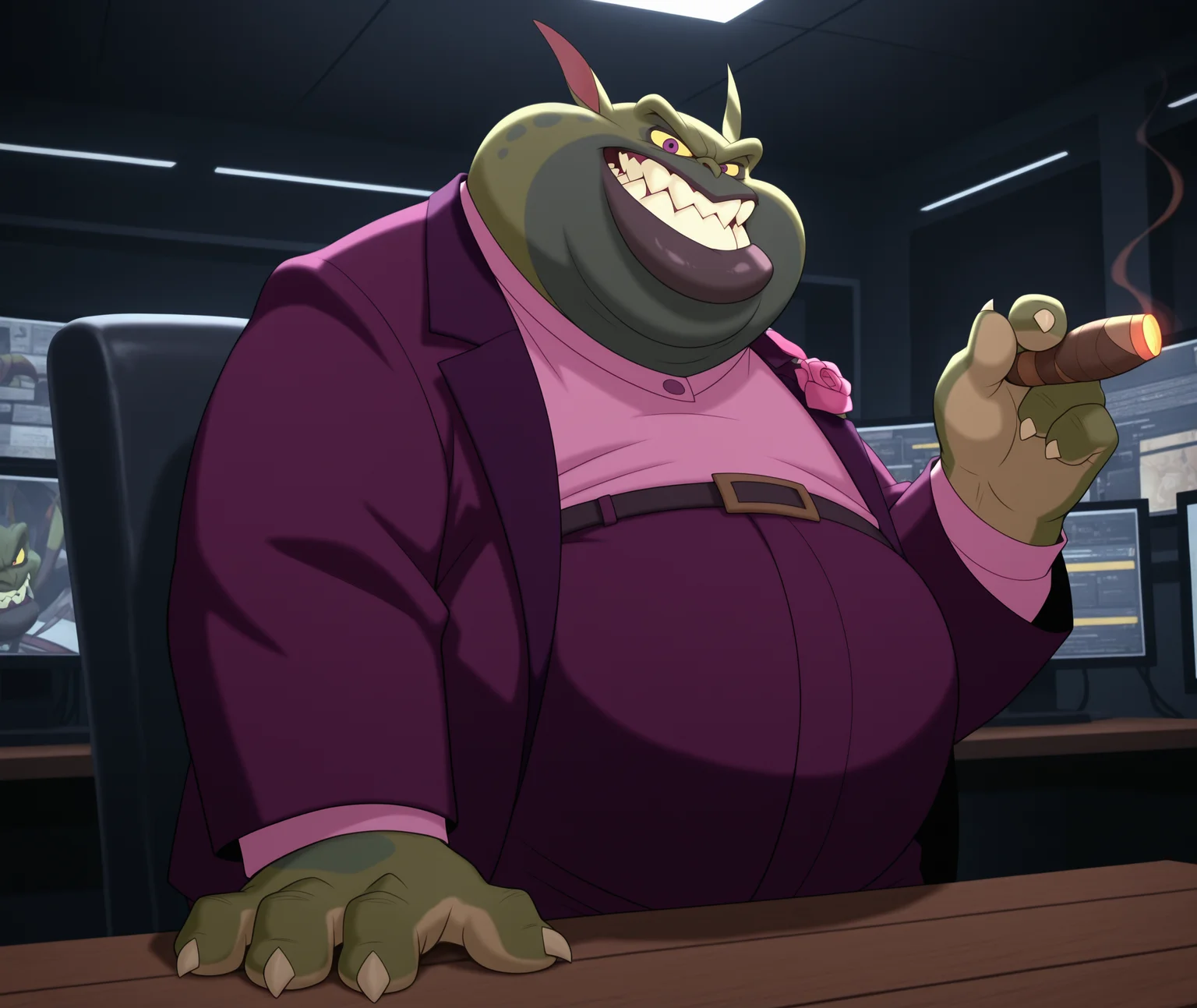 masterpiece, best quality, amazing quality, smile, solo, 1boy, furry male, green skin, thick lips, sharp teeth, SJSwackhammer, yellow sclera, purple eyes, fat man, purple suit, pink shirt, belt, facial hair,  corsage, indoors, wall of monitors, surveillance screens, dark room, dimly lit, standing, wooden desk, behind desk, chair,  hands on desk, looking at viewer, glare, clenched teeth, angry, holding cigar, claws,  <lora:SpaceJamSwackhammer:1>