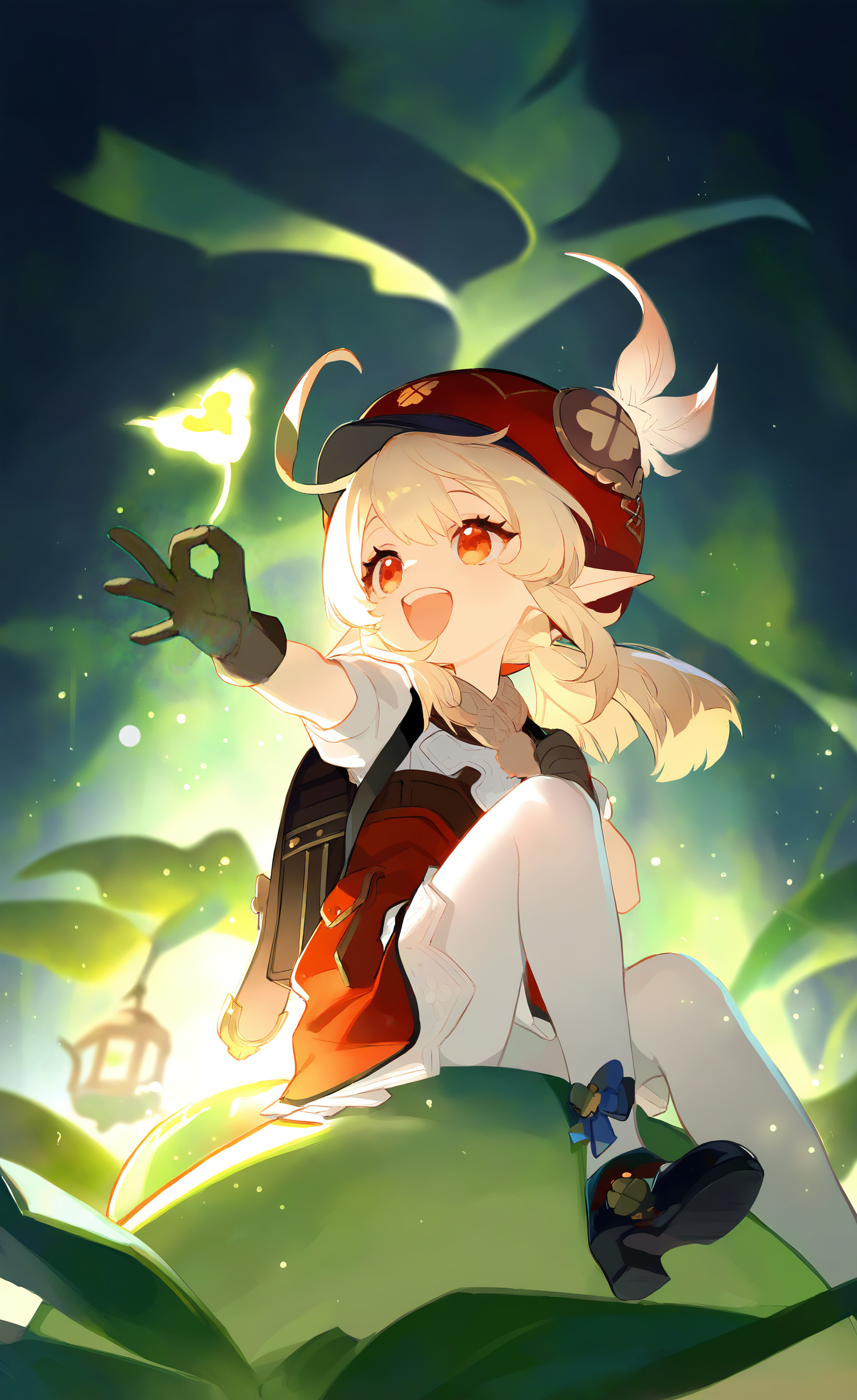 masterpiece, best quality, good quality, very aesthetic, absurdres, newest, klee (genshin impact), 1girl, :d, backpack, bag, belt, black footwear, black gloves, blonde hair, blue bow, bow, brown belt, dark, double-parted bangs, eyelashes, frilled skirt, frills, from side, gloves, hair between eyes, hair bow, hand up, happy, hat, hat bow, knees up, lantern, light particles, mary janes, medium hair, ok sign, open mouth, pantyhose, pointy ears, puffy short sleeves, puffy sleeves, red bow, red eyes, red hat, red skirt, round teeth, shirt, shoes, short sleeves, sidelighting, sidelocks, sitting, skirt, sleeve bow, smile, solo, striped bow, sunlight, teeth, upper teeth only, white pantyhose, white shirt, witch hat, Sitting on a giant lime (genshin impact),
Wide Shot,backlight,Depth Of Field,Close-Up, <lora:ponyv5_noobV065S_1_adamW-000013:0.7> <lora:USNR_STYLE_XL_lokr:0.5> <lora:MeMaXL4:0.8>