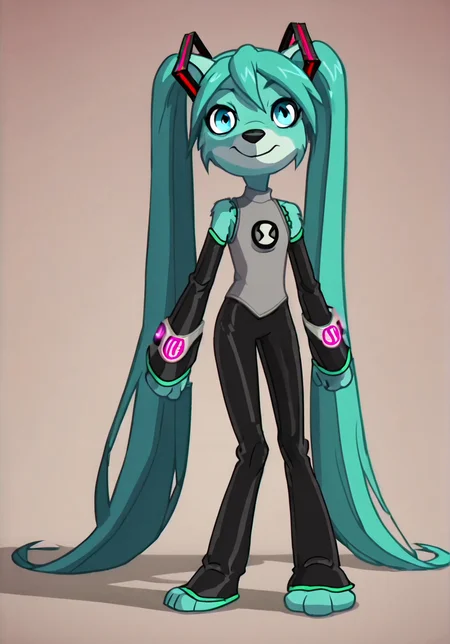 score_9, score_8_up, score_7_up, screencap, furry hatsune miku, portrait, cyan background, shadow, <lora:androjuniarto:1> <lora:ben10-08:1> ben10, solo, full body, bodysuit, badge,detailed background, , hatsune miku, miku