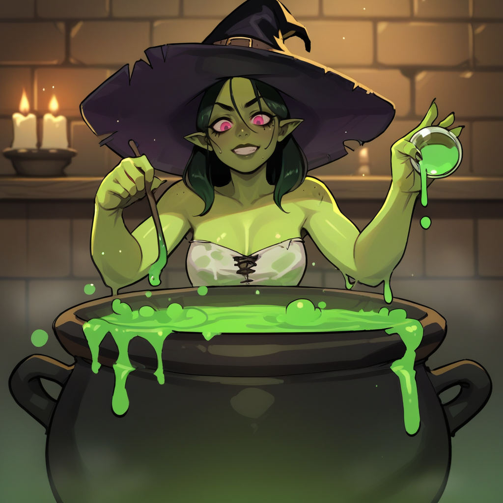 score_9, score_8_up, score_7_up, score_6_up, score_5_up, score_4_up, zPDXL2,source_anime,rating_questionable,1girl, solo, witch, green skin,<lora:Cauldron:0.7> c4uldrn, cauldron, green liquid, magic, bubbles, in cauldron, bathing