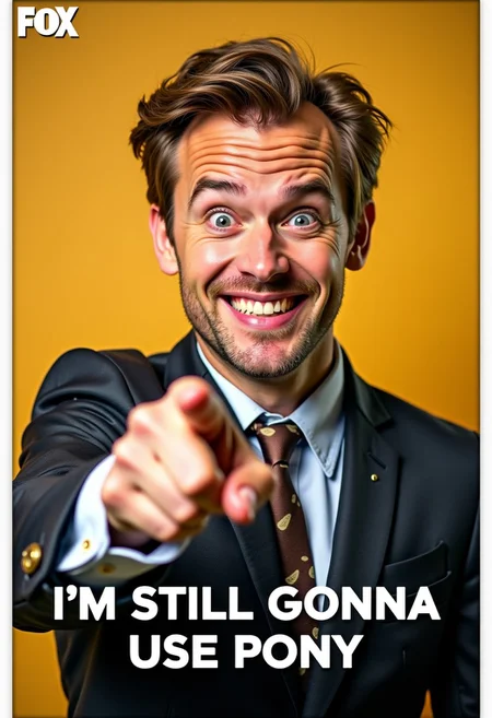 A photographic poster of a smiling man with crossed eyes in a rumpled suit pointing at the viewer. The caption reads "I'M STILL GONNA USE PONY"