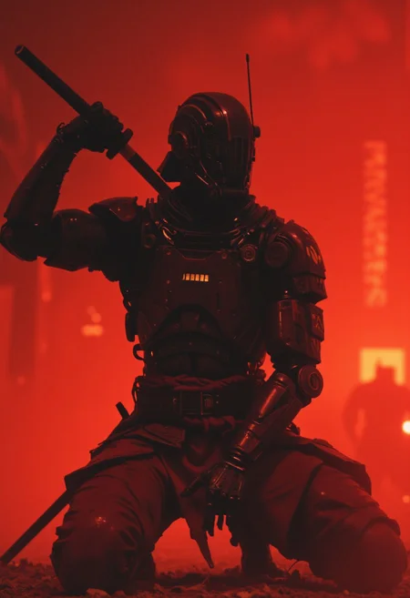 closeup portrait photo of an Elysium Robot Cyborg Samurai, macro, a captivating vibrant dark capturing the essence of a cyborg Bedouin sorcerer in fight stance, Kneeling infront of japanese shire. ethereal, smoky backdrop. throwing a translucent red/tanslucent amber/black, weapon, katana, holding katana, atmospheric haze, Film grain, cinematic film still, shallow depth of field, highly detailed, high budget, cinemascope, moody, epic, OverallDetail, gorgeous, 2000s vintage RAW photo, photorealistic, candid camera, color graded cinematic, eye catchlights, atmospheric lighting, skin pores, imperfections, natural, shallow dof,