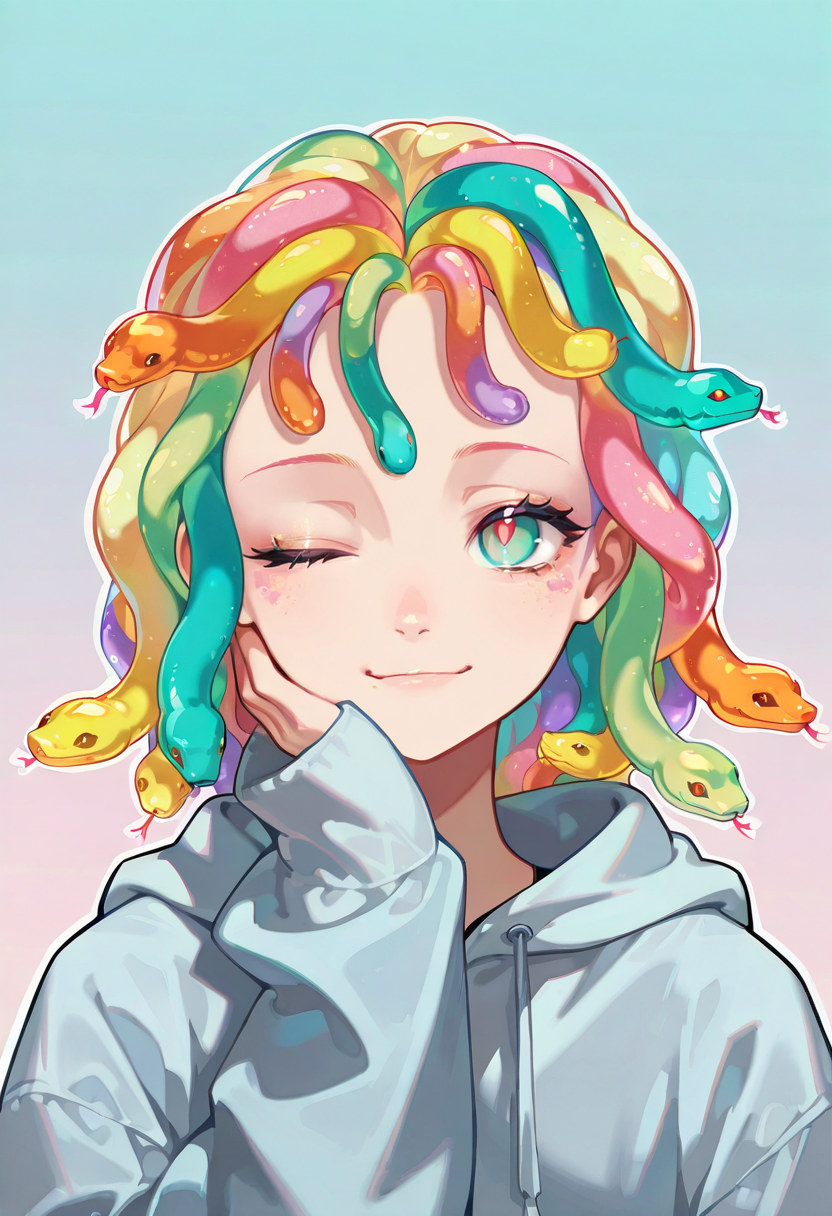 1girl, solo, gummy worm hair, gradient hair, sugar, multicolored hair, ;),hoodie,sleeves past wrists, snake,portrait,