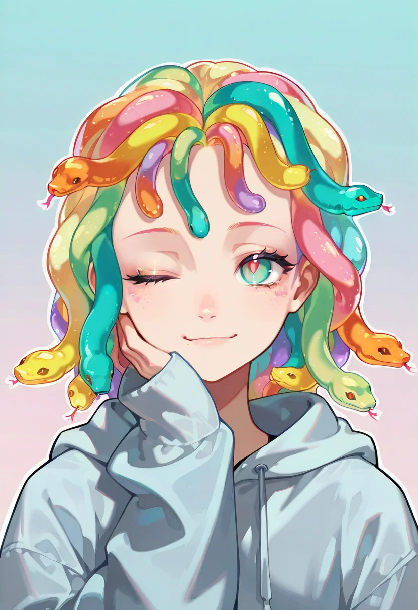 1girl, solo, gummy worm hair, gradient hair, sugar, multicolored hair, ;),hoodie,sleeves past wrists, snake,portrait,