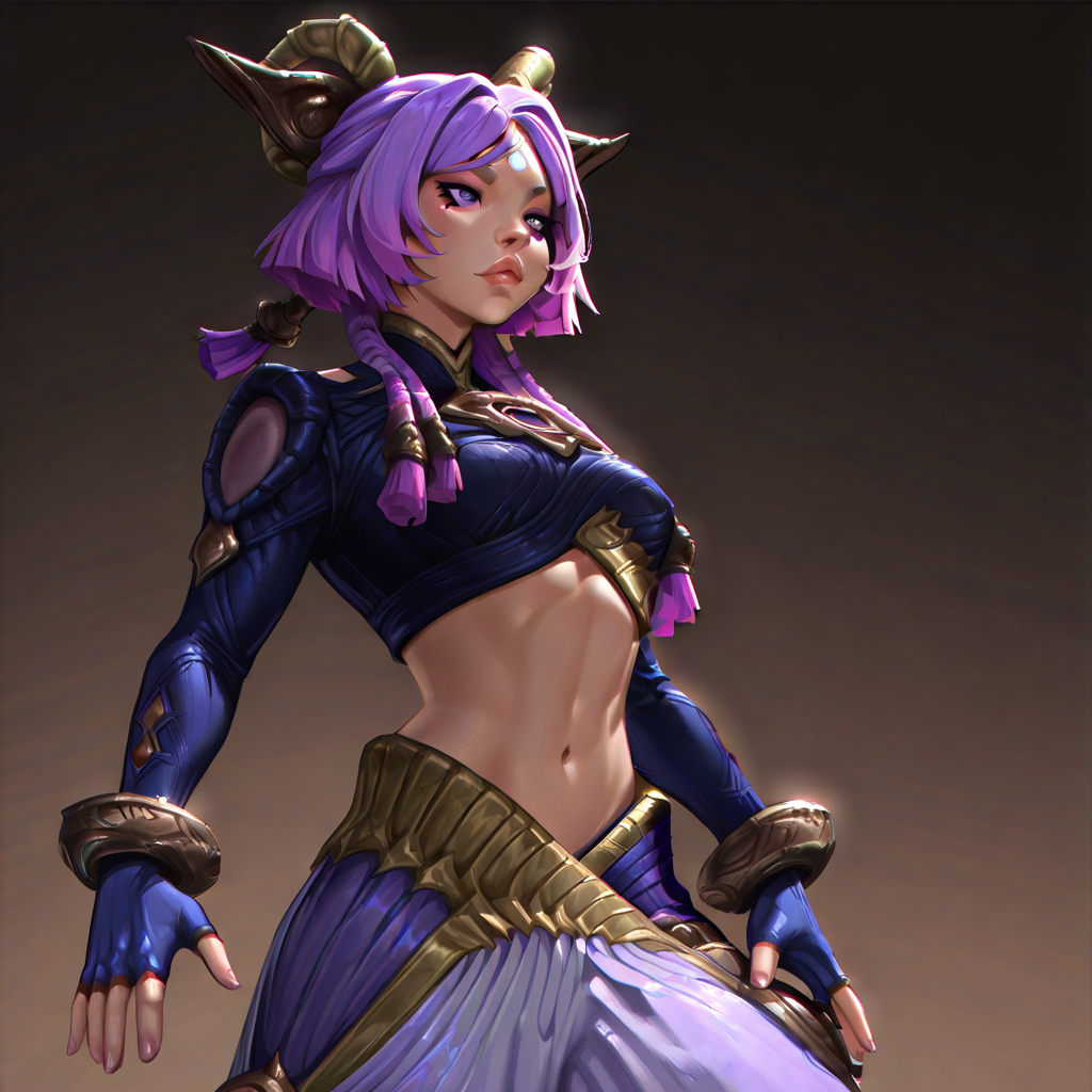 masterpiece, highres, best quality,  <lora:yunara:1> 1girl, league of legends, yunara(default), purple hair, purple eyes, breasts, midriff, fingerless gloves, navel, lips, braid, short hair, pink hair, bangs, baggy pants, crop top, long sleeves, hair ornament, horns, <lora:iLLMythSmo0thL1nes:1>