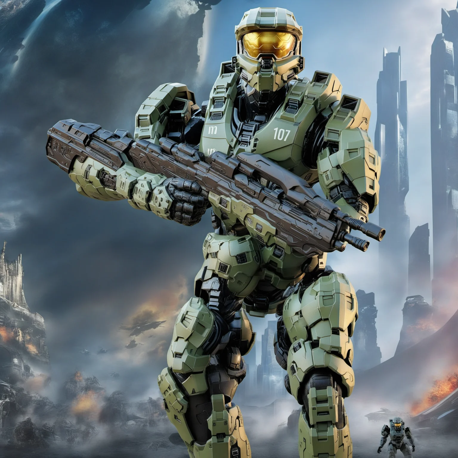 Halo1024, a robot soldier, full body, war , post apocalyptic city, highly detailed, photography, ultra sharp, film, bokeh, professional, 64k <lora:Halo1024:0.8>