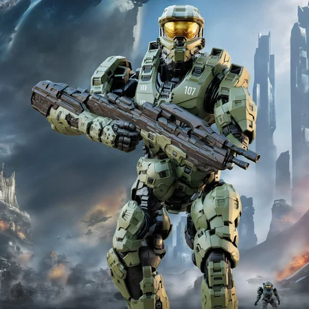 Halo1024, a robot soldier, full body, war , post apocalyptic city, highly detailed, photography, ultra sharp, film, bokeh, professional, 64k <lora:Halo1024:0.8>