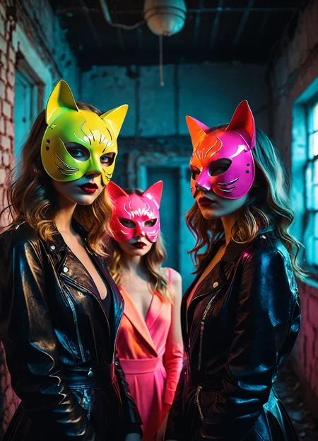 Ombre color scheme of neon pink, neon blue, neon yellow, neon green, neon orange, cinematic photo High Fashion, Pretty ladies in a dilapidated building wearing cat masks, for some reason...<lora:br1ghtXLP:0.7> multicolored <lora:43stl1ght1ngXLP2:0.7> 43stl1ght1ng, low light, dramatic lighting, darkness, neon, spotlight, dynamic, dramatic, haute couture, elegant, ornate clothing, High Fashion, 35mm photograph, film, bokeh, professional, 4k, highly detailed, detailed skin texture, (blush:0.5), (goosebumps:0.5), subsurface scattering