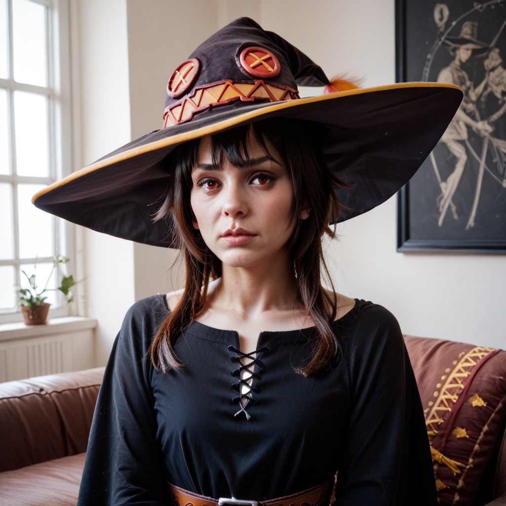 score_9, score_8_up, score_7_up, score_6_up, score_5_up, score_4_up, rating_safe,source_photorealistic,upper body,1girl,megumin,witch hat,black dress,indoors,living room