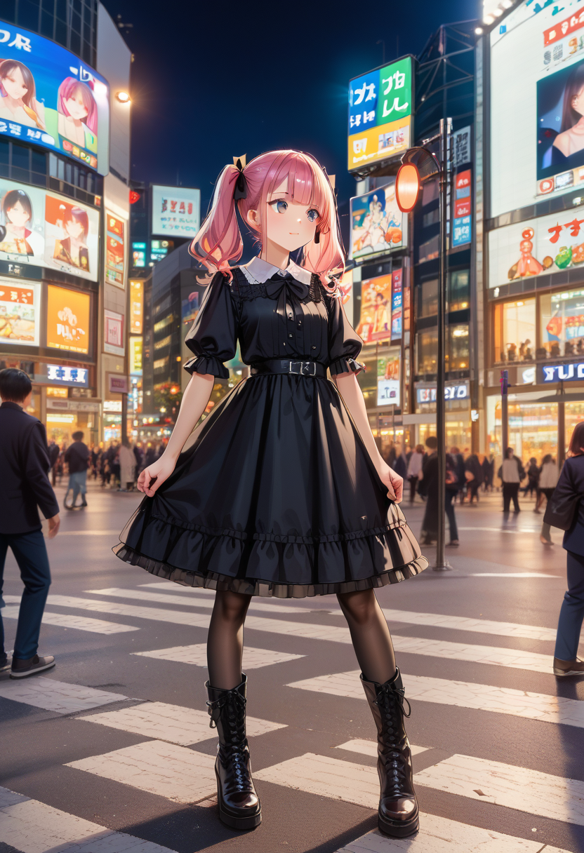 score_9, score_8_up, score_7_up, rating_safe, masterpiece, best quality, absurdres, unity 8k wallpaper, official art, official style, source_anime, uncensored, game cg, megami magazine,
1girl, pink hair, twintails, blouse, black ribbon, cross-laced clothes, black frilled skirt, black legwear, lace-up boots, gothic dress, looking at another, standing, solo focus, 
shibuyaSK, night, road, city, street, crosswalk, sign, outdoors, real world location, lamppost, building, cityscape, traffic light, sidewalk, car, neon lights, pavement, skyscraper, vanishing point, night sky, crowd,
 <lora:shibuyaSK_pony_V1:1>