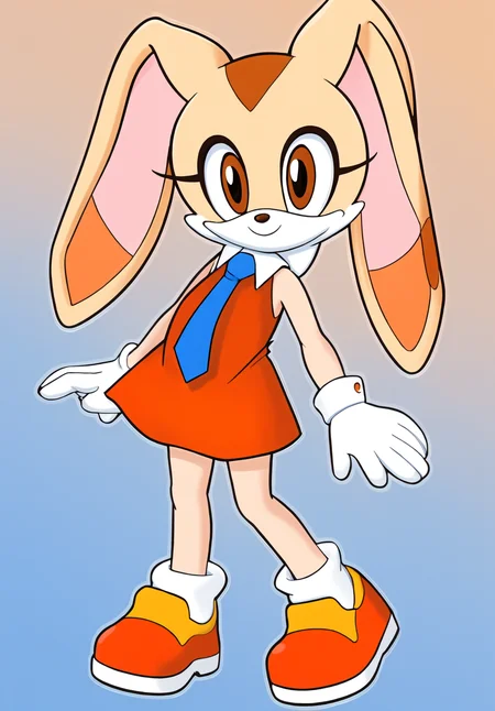 <lora:Cream_the_Rabbit:0.8>, Cream_the_Rabbit, 1girl, solo, looking at viewer, smile, simple background, dress, bare shoulders, closed mouth, standing, full body, necktie, sleeveless, sleeveless dress, blue background, short dress, leg up, red dress, happy, standing on one leg, blue necktie, furry female, collared dress, orange dress, heel up