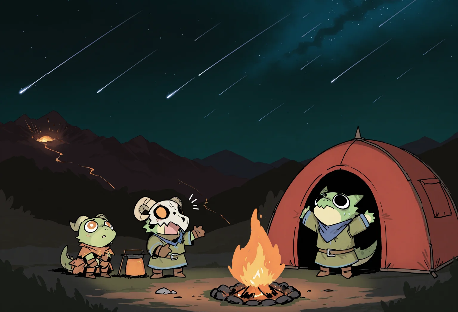 masterpiece, absurdres, incredibly absurdres,best quality, newest, dark, chiaroscuro, [sketch, messy lineart],
2boys, furry, kobold, skull mask, tunic, camping, orange campfire, giant red tent, looking at sky, looking up, surprised, blue starry sky, meteor shower, atmospheric perspective,
mountain town in far distance, 
UltimateQB, ROOT, k3go-aaa, chibi,
<lora:UltimateQB:0.85> <lora:ROOT:0.65> <lora:k3monogo-illu-v01:0.85>