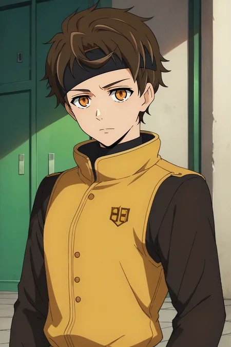 score_9, score_8_up, score_7_up, source_anime, rating_safe, intricate details, anime screencap, , official style, , , 1boy, solo, male focus, <lora:twenty-fifth_bam_pony:0.84>, twenty-fifth_bam, brown hair, orange eyes, short hair, headband, , ranger costume, <lora:sdxl_lightning_8step_lora:1>