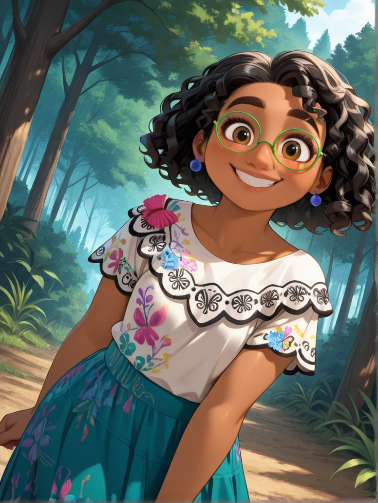 masterpiece, best quality, amazing quality, very aesthetic, absurdres,  newest, detailed background, outdoors, dynamic angle, cartoon,  cowboy shot, forest, 
mirabelxd, 1girl, solo, dark-skinned female, earrings, skirt, smile, brown eyes, jewelry, black hair, curly hair,shirt, sandals, looking at viewer, aqua skirt, floral print, green-framed eyewear, long skirt, short sleeves, glasses, white shirt, dreadlocks, print shirt,  
<lora:Mirabel_-_Disney_Illustrious:1>