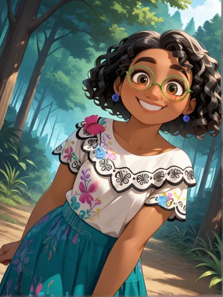 masterpiece, best quality, amazing quality, very aesthetic, absurdres, newest, detailed background, outdoors, dynamic angle, cartoon, cowboy shot, forest,
mirabelxd, 1girl, solo, dark-skinned female, earrings, skirt, smile, brown eyes, jewelry, black hair, curly hair,shirt, sandals, looking at viewer, aqua skirt, floral print, green-framed eyewear, long skirt, short sleeves, glasses, white shirt, dreadlocks, print shirt,
<lora:Mirabel_-_Disney_Illustrious:1>