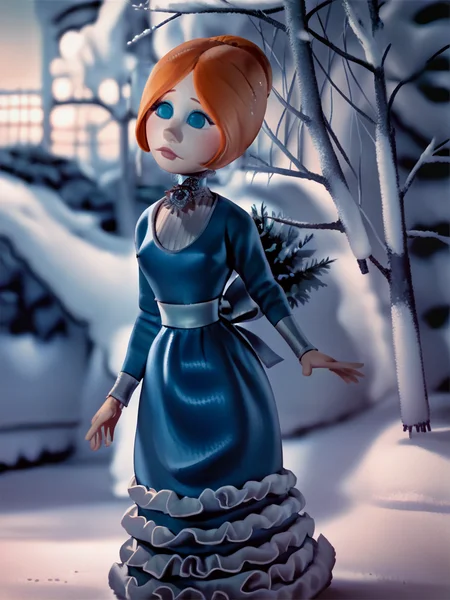score_9, score_8_up, score_7_up, score_6_up, score_5_up, <lora:JessicaCXLP:1> jessicac, 1girl, solo, orange hair, blue eyes, snow, dress, portrait,