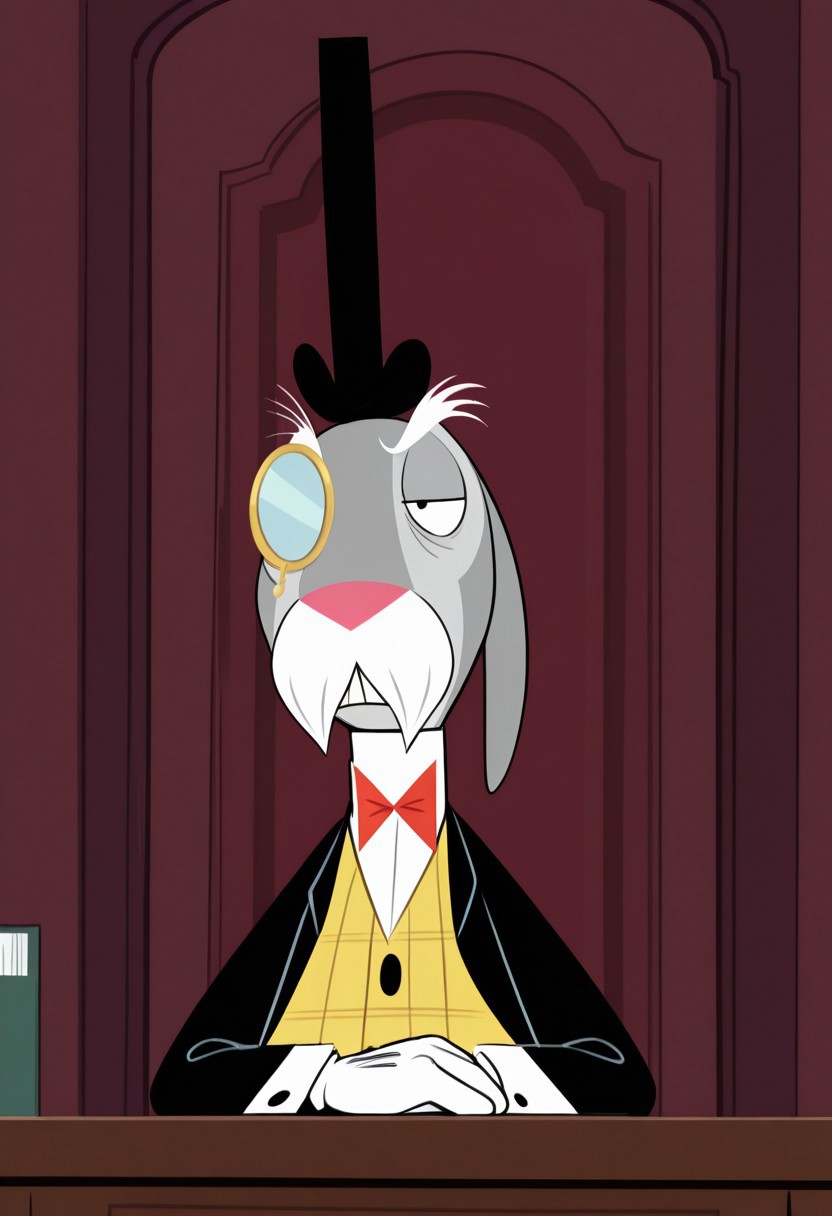 masterpiece, best quality, amazing quality, very aesthetic, absurdres, newest,  high quality, detailed, male, solo male, MrHerriman, 1boy, mature male, male, chubby, anthro, rabbit, grey fur, floppy ears, black eyes, mustache, bushy eyebrows, facial hair, tuxedo jacket, yellow vest, bow tie, top hat, monocle, formal, looking at viewer, half lidded eyes, stern expression, indoors, office, sitting at desk, half body, volumetric lighting