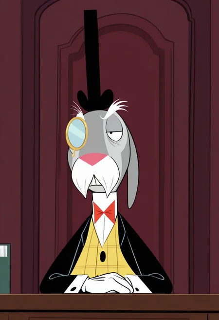 masterpiece, best quality, amazing quality, very aesthetic, absurdres, newest,  high quality, detailed, male, solo male, MrHerriman, 1boy, mature male, male, chubby, anthro, rabbit, grey fur, floppy ears, black eyes, mustache, bushy eyebrows, facial hair, tuxedo jacket, yellow vest, bow tie, top hat, monocle, formal, looking at viewer, half lidded eyes, stern expression, indoors, office, sitting at desk, half body, volumetric lighting