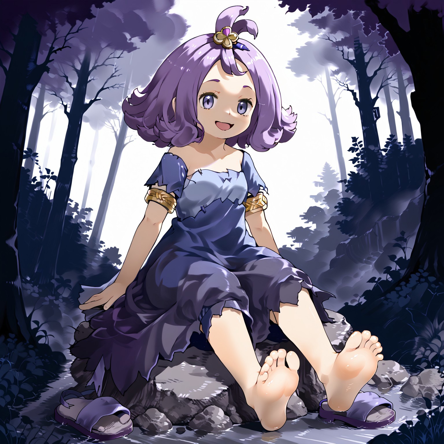 1girl, solo, Acerola, forest, dead tree, 1default1, purple dress, torn dress, hair ornament, gold armlet, smile, short sleeves, open mouth, stitches, sitting on rock, purple sandals, removed sandals, barefoot, soles, crossed legs
