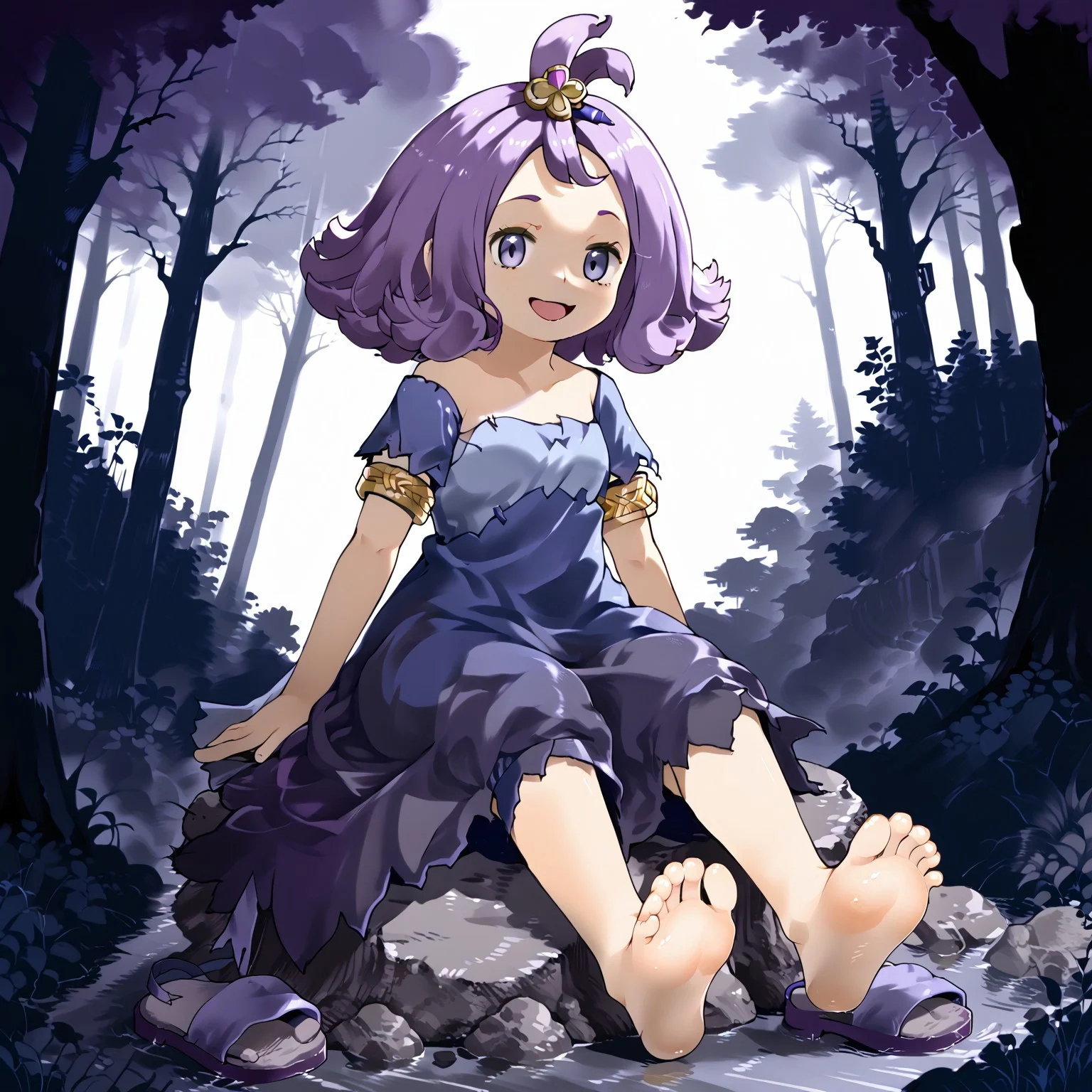 1girl, solo, Acerola, forest, dead tree, 1default1, purple dress, torn dress, hair ornament, gold armlet, smile, short sleeves, open mouth, stitches, sitting on rock, purple sandals, removed sandals, barefoot, soles, crossed legs