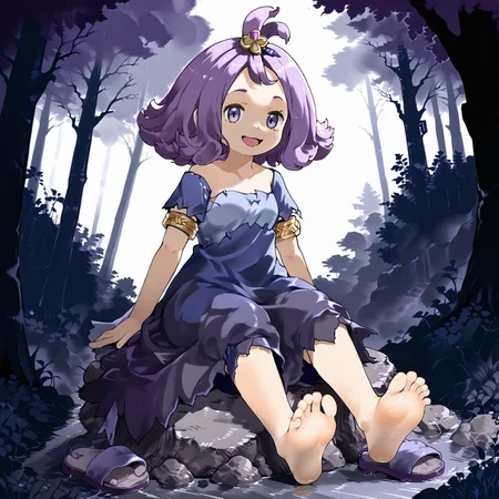 1girl, solo, Acerola, forest, dead tree, 1default1, purple dress, torn dress, hair ornament, gold armlet, smile, short sleeves, open mouth, stitches, sitting on rock, purple sandals, removed sandals, barefoot, soles, crossed legs