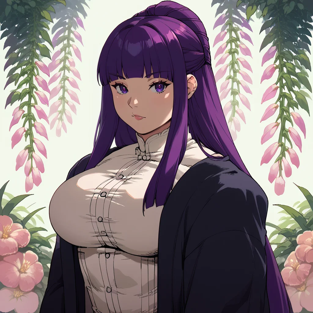 score_9, score_8_up, score_7_up, score_6_up, score_5_up, score_4_up BREAK pokkuti, source_anime, fern, muscular, 1girl, solo, large breasts, long hair, purple hair, half updo, blunt bangs, purple eyes, white dress, black robe, looking at viewer, <lora:PokkutiPDXL32.0.9tx1:1>, <lora:Fern_PDXL:1>