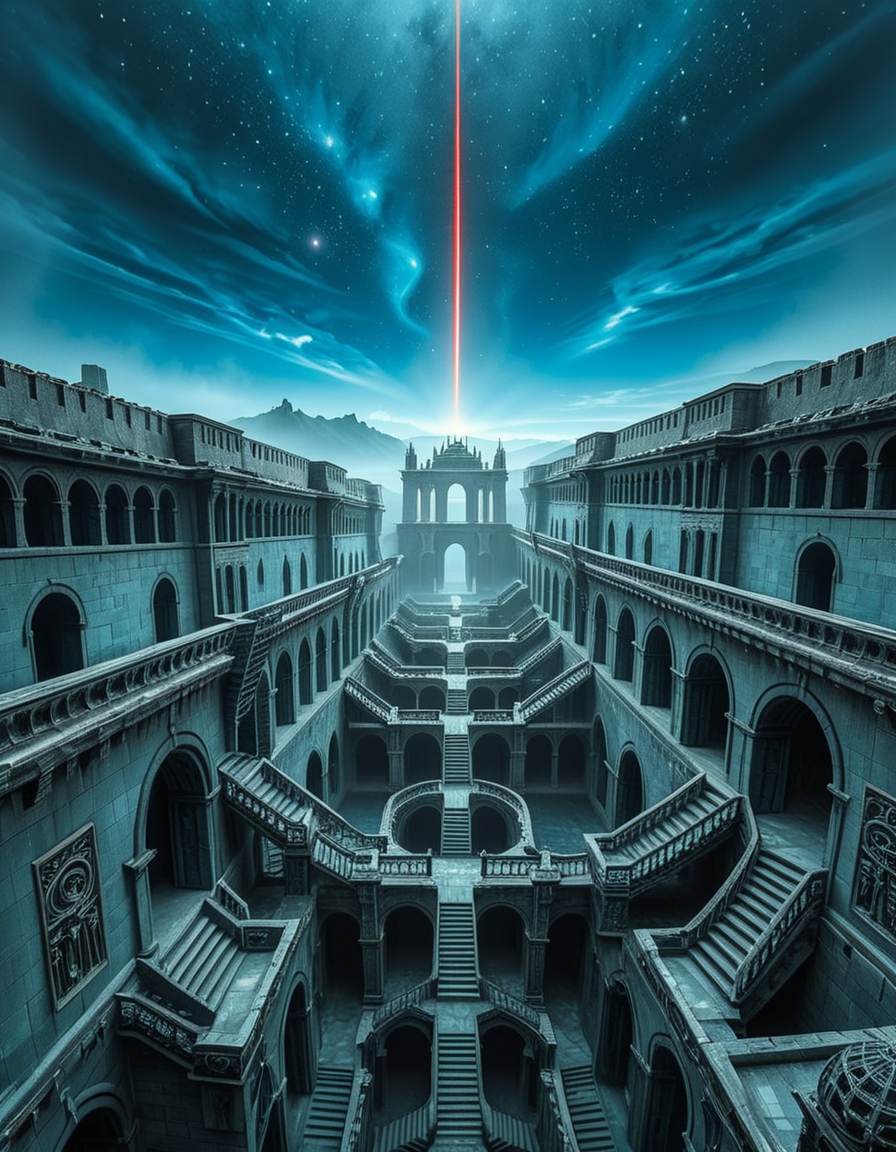 A vast, nightmarish labyrinth stretching endlessly into the horizon, its architecture a fusion of brutalist and gothic styles. The towering stone walls are cold, weathered, and adorned with eerie, ancient carvings. Deep chasms divide the labyrinth, revealing endless layers of arches and staircases that descend into an abyss of darkness. The atmosphere is thick with an unsettling silence, broken only by distant whispers and echoes of unseen entities.
A strange, ominous red beam pierces the sky from a distant point at the horizon, casting an eerie glow over the surreal landscape. The sky above is an unnatural, deep blue, devoid of stars, shrouded in a thick, ominous haze. Shadows stretch unnaturally long, twisting and shifting as if alive.
The entire scene evokes a sense of isolation and dread, as if trapped in an inescapable nightmare. The labyrinthâs geometry seems almost impossible, defying logic with staircases leading to nowhere and corridors looping endlessly. A place where time feels distorted, and reality itself is uncertain.
Style & Mood:
    Dark surrealism, Lovecraftian horror
    Cinematic, high-detail, eerie lighting
    Atmospheric perspective, emphasizing scale and depth
    Inspired by the works of ZdzisÅaw BeksiÅski and H.R. Giger
<lora:SDXLFaeTastic2400:0.4> <lora:extremely_detailed:0.4> extremely detailed, <lora:nightmarish_l4byr1nth:1>,nightmarish l4byr1nth, Masterpiece,best quality,hi res,8k,hi res,8k,award winning,(sharp focus, intricate, highly detailed),