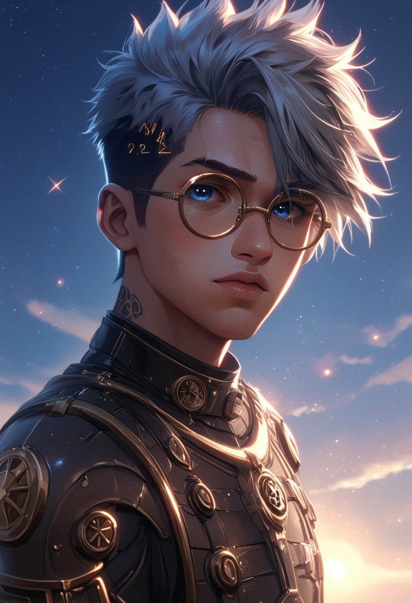 Safe_pos, (score_9, score_8_up, score_8), ultra detailed, high resolution, high quality, masterpiece, intricate details, intricate body, intricate landscape, side shot, ((4rc4n3, sinozick style)), Expressiveh, European Male, (((1male, mature male, 30 years old)), source_cartoon, Slender, Handsome, Masculine, ((Grey Hair, Short Hair)), ((Brown Facial Hair, Stubble, Five O'Clock Shadow)), (Stubble), ((Round Eyeglasses)), (Undercut), ((Thick Facial Hair, Short Beard)), Handsome, (Pale Skin, Delicate and Smooth Skin, Highly Detailed, Strong Jawline), (Blue Eyes), Artificer, (Steampunk Power Armor in the style of fallout-power-armor, space_space), Fantasy, Medieval, Steampunk, Space-Suit, Scholar Vibes, ((Extremely Detailed Face and Eyes)), Looking at Viewer, Soft Lighting, Warm Lighting, Unique Angle, Unique Perspective, Dramatic Angle, ((Full Body)), From Above,
<lora:add-detail-xl:1.5>, <lora:Expressive_H:0.7>, <lora:Kenva:1>, <lora:Space_clothes-xl-8:0.75>,<lora:vixon_arcanePONY:1>, <lora:steampunk-style-XL:0.55>, <lora:Sinozick_Style_XL_Pony:1>, <lora:fallout-power_armor:0.5>, <lora:Fantasy_Wizard__Witches_Pony:0.4>,
