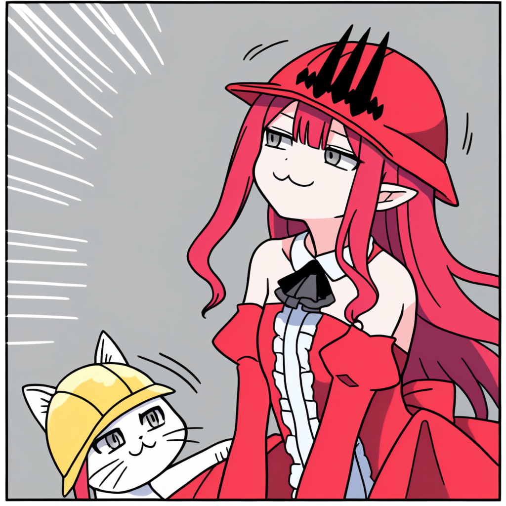 <lora:Genbaneko_Pony-000120:0.4>, best quality, white border,
@_@, motion lines, looking away,, smug face,
genbaneko style, (white cat ear hat:1.2), white hard hat, cat meme,multi cat,
1girl, <lora:Baobhan_Sith_Pdxl-05:0.8> baobhandefault, 1girl, grey eyes, red hair, long hair, sidelocks, pointy ears, headpiece, red dress, detached sleeves, detached collar, center frills, frills, bare shoulders, ribbon