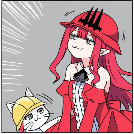 <lora:Genbaneko_Pony-000120:0.4>, best quality, white border,
@_@, motion lines, looking away,, smug face,
genbaneko style, (white cat ear hat:1.2), white hard hat, cat meme,multi cat,
1girl, <lora:Baobhan_Sith_Pdxl-05:0.8> baobhandefault, 1girl, grey eyes, red hair, long hair, sidelocks, pointy ears, headpiece, red dress, detached sleeves, detached collar, center frills, frills, bare shoulders, ribbon