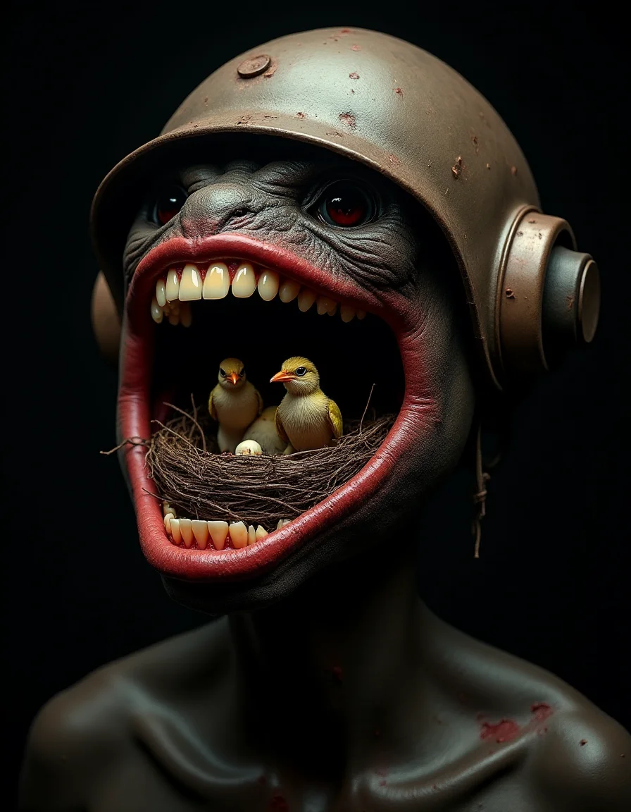 portrait of a dark-skinned creature with distorted open mouth showing large, disproportionately large human teeth, inside the mouth a bird has made a nest out of branches and is brooding chicks, rusty iron helmet, surreal, suffocated, disproportionately large head, sweat, redness, wide-angle portrait image, black background, hyper-detailed, hyper-realistic, 3D