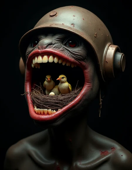 portrait of a dark-skinned creature with distorted open mouth showing large, disproportionately large human teeth, inside the mouth a bird has made a nest out of branches and is brooding chicks, rusty iron helmet, surreal, suffocated, disproportionately large head, sweat, redness, wide-angle portrait image, black background, hyper-detailed, hyper-realistic, 3D