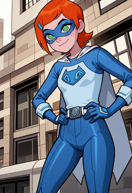 ((screencap, cartoon)) , masterpiece, best quality, amazing quality, very aesthetic, absurdres, newest,
gwenov, orange hair, 1girl, freckles, shorthair, green eyes, solo,
raglan sleeves, hairclip,,
blue bodysuit, cape, superhero pose, mask, eye mask, face mask, goggles,, blue gloves, on top of building, hands on hips, smile