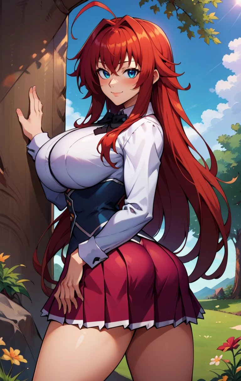 score_9, score_8_up, score_7_up, score_9, BREAK <lora:RiasGremorySDXL:0.8> riasgremorySDXL, 1girl, solo, long hair, breasts, looking at viewer, blush, smile, bangs, blue eyes, skirt, large breasts, shirt, long sleeves, bow, hair between eyes, ass, from behind, very long hair, closed mouth, school uniform, standing, cowboy shot, white shirt, ahoge, thighs, red hair, pleated skirt, outdoors, sky, day, collared shirt, miniskirt, bowtie, huge breasts, tree, black bow, red skirt, brown footwear, thick thighs, grass, white socks, loafers, underbust, huge ahoge, rias gremory