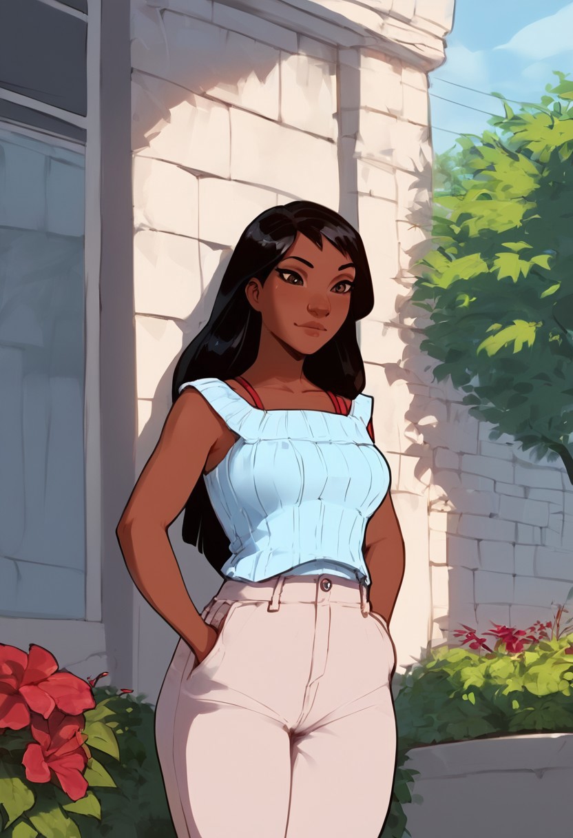 score_9, score_8_up, score_7_up 
   , masterpiece, beautiful,1 girl, solo,detailled,
Alilo,dark skin,brown eyes,black hair, long hair,bangs, big nose,sleevelees light-blue top, wide and ruffled neckline,lavander wide-leg pants,  brown clogs, red bra line, outdoors,