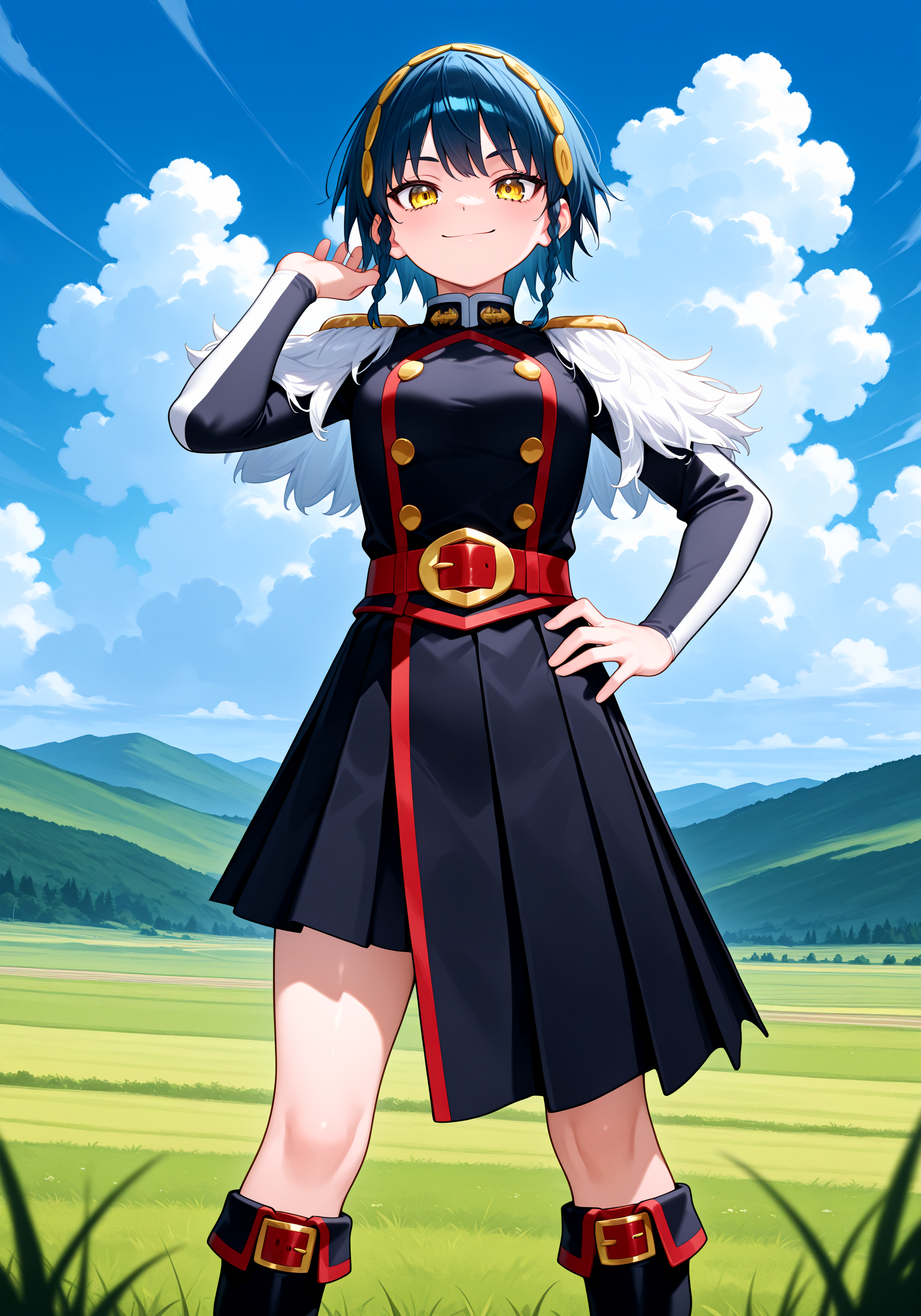 1girl, <lora:atobera_sn119:1>, tbzuma, yellow eyes, hairband, black uniform, white fur shoulders, black asymmetrical skirt, red belt, black knee boots, smile, upper body,
looking at viewer, portrait shot, standing,
cowboy shot, grassland, tall clouds, rolling hills, blue sky, atmospheric,
high resolution, ultra-detailed, absurdres, masterpiece, best quality, good quality, newest,