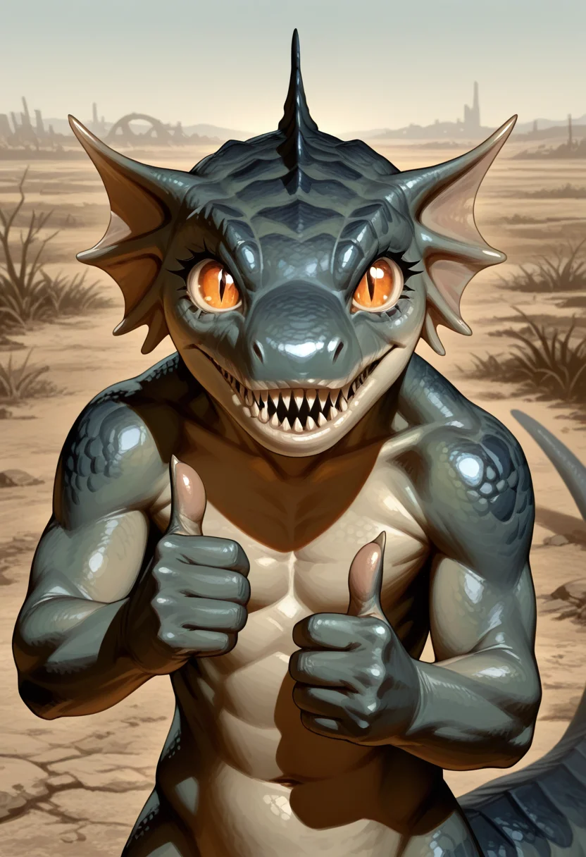 masterpiece, best quality, amazing quality, high resolution, FalloutG3cko, scales, orange eyes, upper body, wasteland, monster, sharp teeth, head frill, semi-anthro, slit pupils, tail, thumbs up, encouraging <lora:Mutant_Gecko_fallout:1>