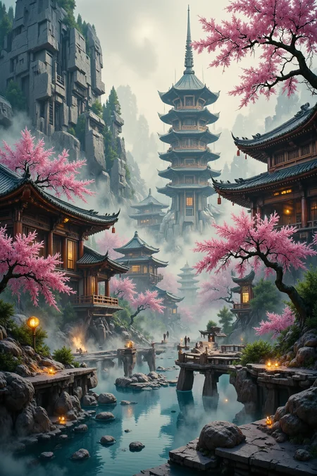 Chinese ink brush art style, graceful brushwork, elegant compositions, traditional motifs, professional-grade execution, captures the essence of Chinese culture and aesthetics with intricate textures and vibrant colors. The scene should include a rich variety of elements, each contributing to the overall atmosphere. Lighting should be soft, diffused, and natural, enhancing the depth and realism of the scene. The mood is to be calm yet vibrant, creating a sense of serenity and wonder. Every detail in the scene should be meticulously rendered, emphasizing the contrast between light and shadow, and capturing the fine textures and subtle gradients. The color palette should be carefully chosen to evoke emotion, with each hue enhancing the aesthetic appeal of the overall composition. The final image should be immersive and captivating, drawing the viewer into its intricately detailed world.