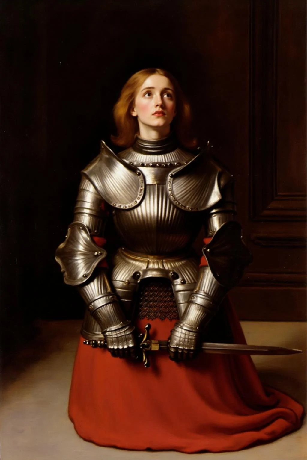 jem1 painting.
A young woman, dressed in medieval armor, kneeling in a dimly lit, richly paneled room. She gazes upward with a contemplative expression, her fair, shoulder-length hair cascading down her back. <lora:jem1_cap_d6a3:1.0><lora:822882710193289502:0>