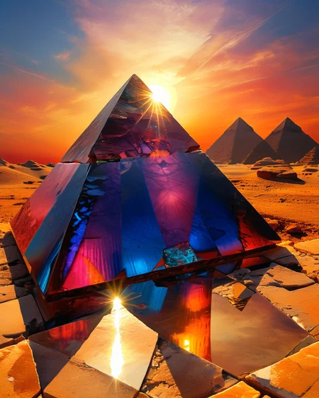 pyramid complex of Khufu made of single massive gemstones, desert, refracted light, reflections, sunset hour, shadows, intense colors, high contrast, <lora:add-detail-xl:1.0>,  <lora:xl_more_art-full_v1:0.4>,  <lora:XSfenlie:1> fenliexl, <lora:lora:1>, realistic photo